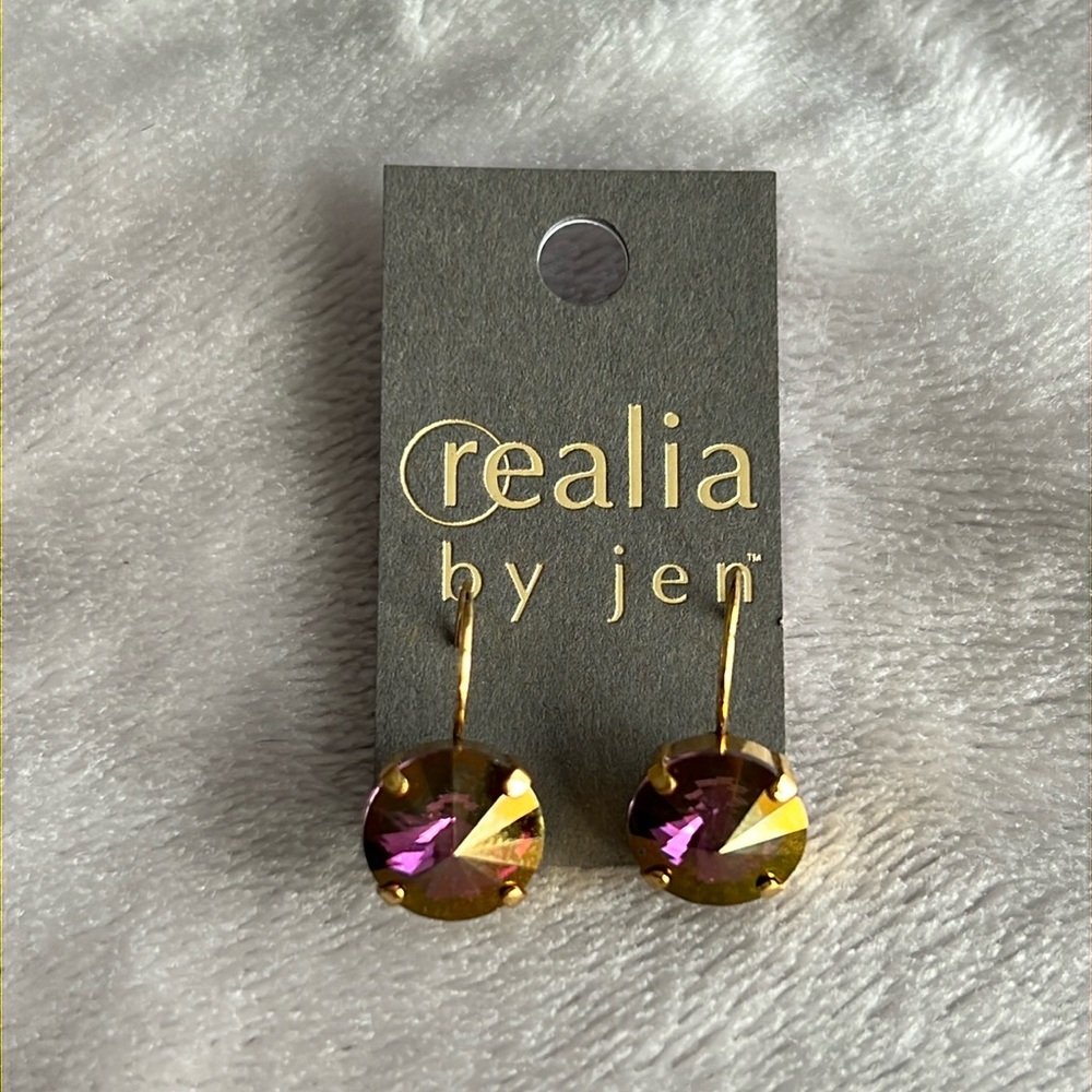 NWT Realia by Jen iridescent Purple Swarovski Crystal earrings. 12mm crystals.